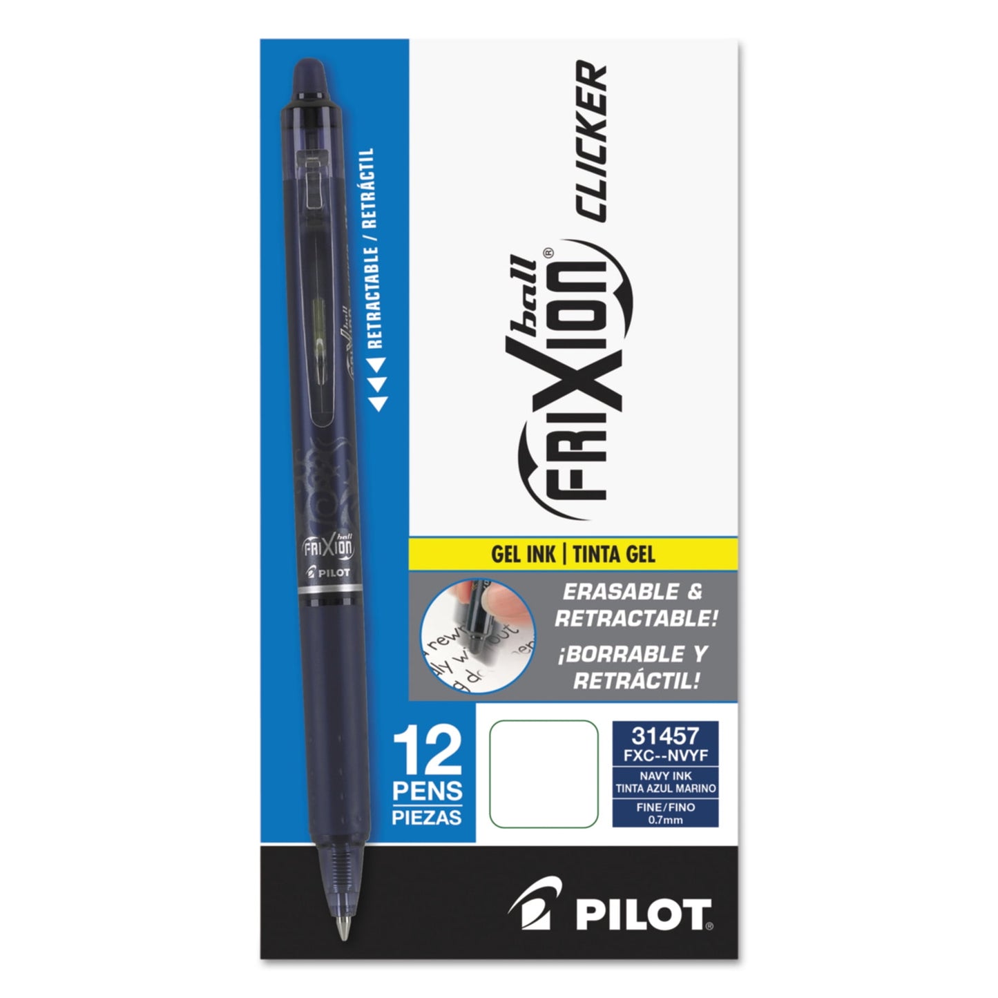 Pilot FriXion Clicker Erasable Gel Ink Pens, Fine Point, 07 mm, Navy Ink, 12 Count