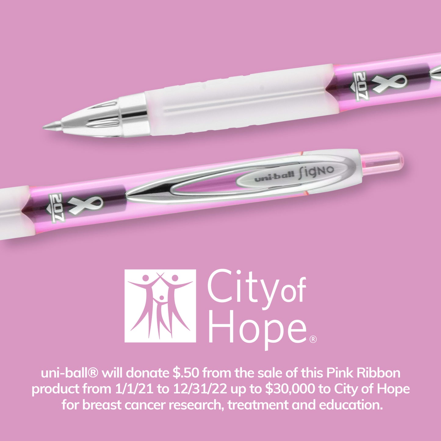 Uniball 207 Pink Ribbon Retractable Gel Pens, Medium Point (0.7mm), Black Ink, 12 Count