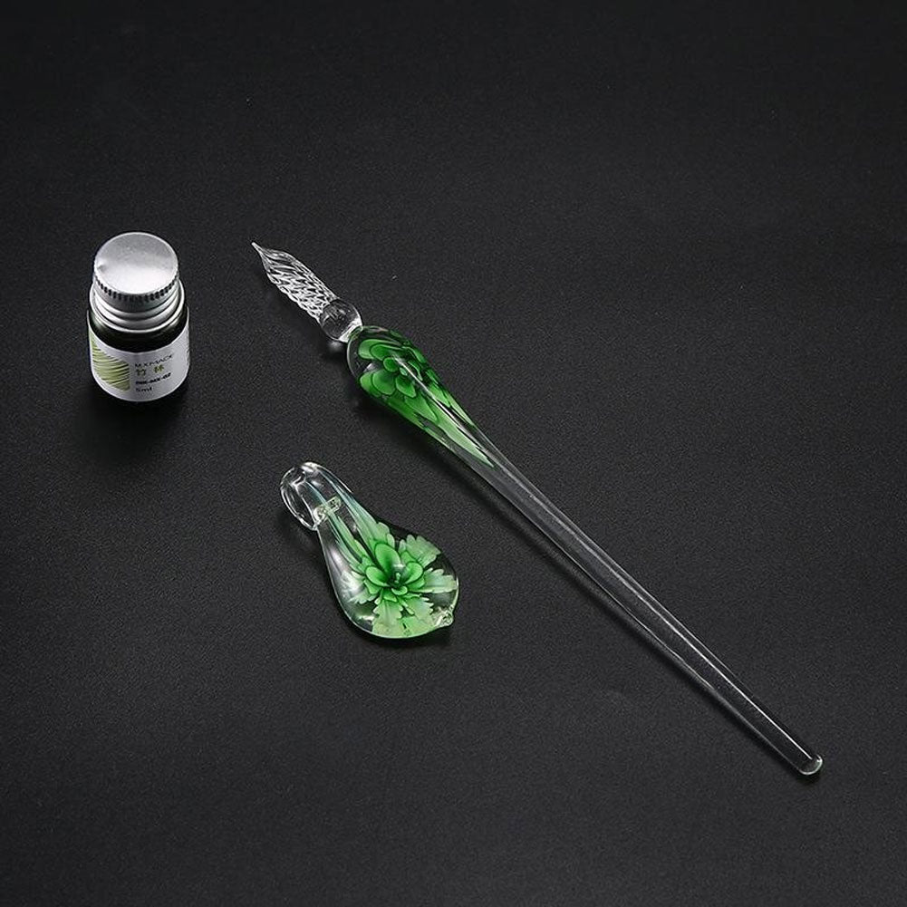 Opolski Glass Dip Pen Faux Crystal Ink Signature Inside Flower for Writing Art Decor Gift