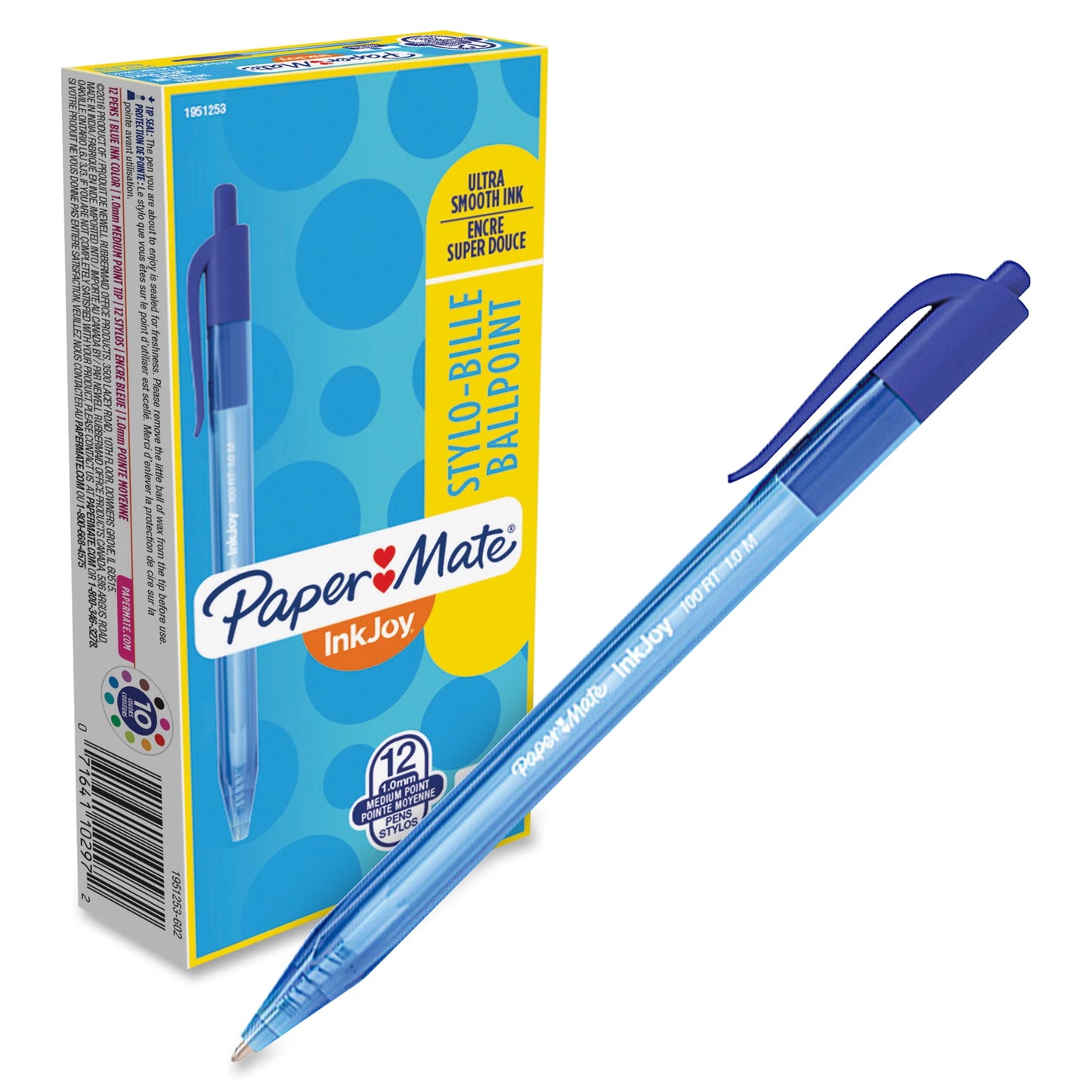 Paper Mate 1951253 InkJoy 100 RT 1 mm Retractable Ballpoint Pen - Blue Ink/Translucent Blue Barrel/Medium (1-Dozen)
