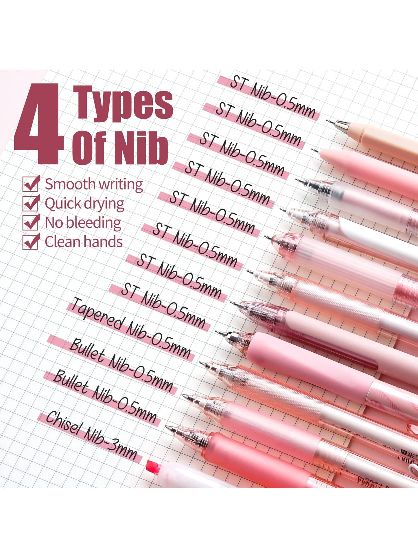 Four Candies Retractable Pink Pen Set, 11Pcs Black Ink Gel Pens(0.5mm), 1Pcs Pink Highlighter, 0.5mm Fine Point for Journaling, Writing and Note-Taking