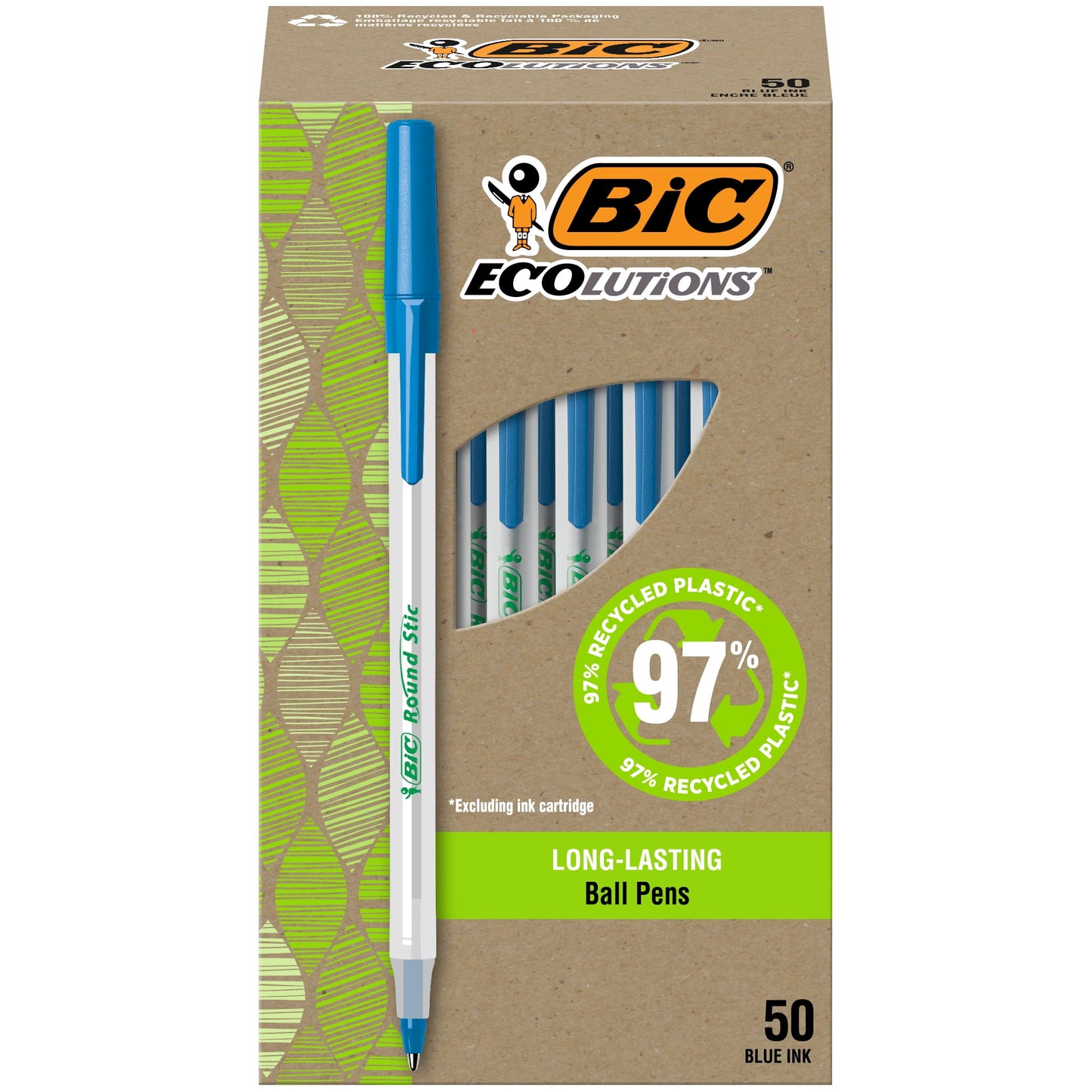 BIC Ecolutions Round Stic Ball Point Pen, Blue, 1.0mm Medium Point, 50 Pack