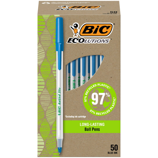 BIC Ecolutions Round Stic Ball Point Pen, Blue, 1.0mm Medium Point, 50 Pack