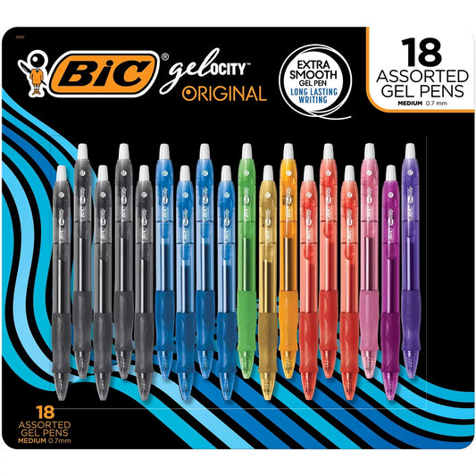 BIC Gel-ocity Retractable Gel Pen, Medium Point (0.7mm), Various, 18 Count