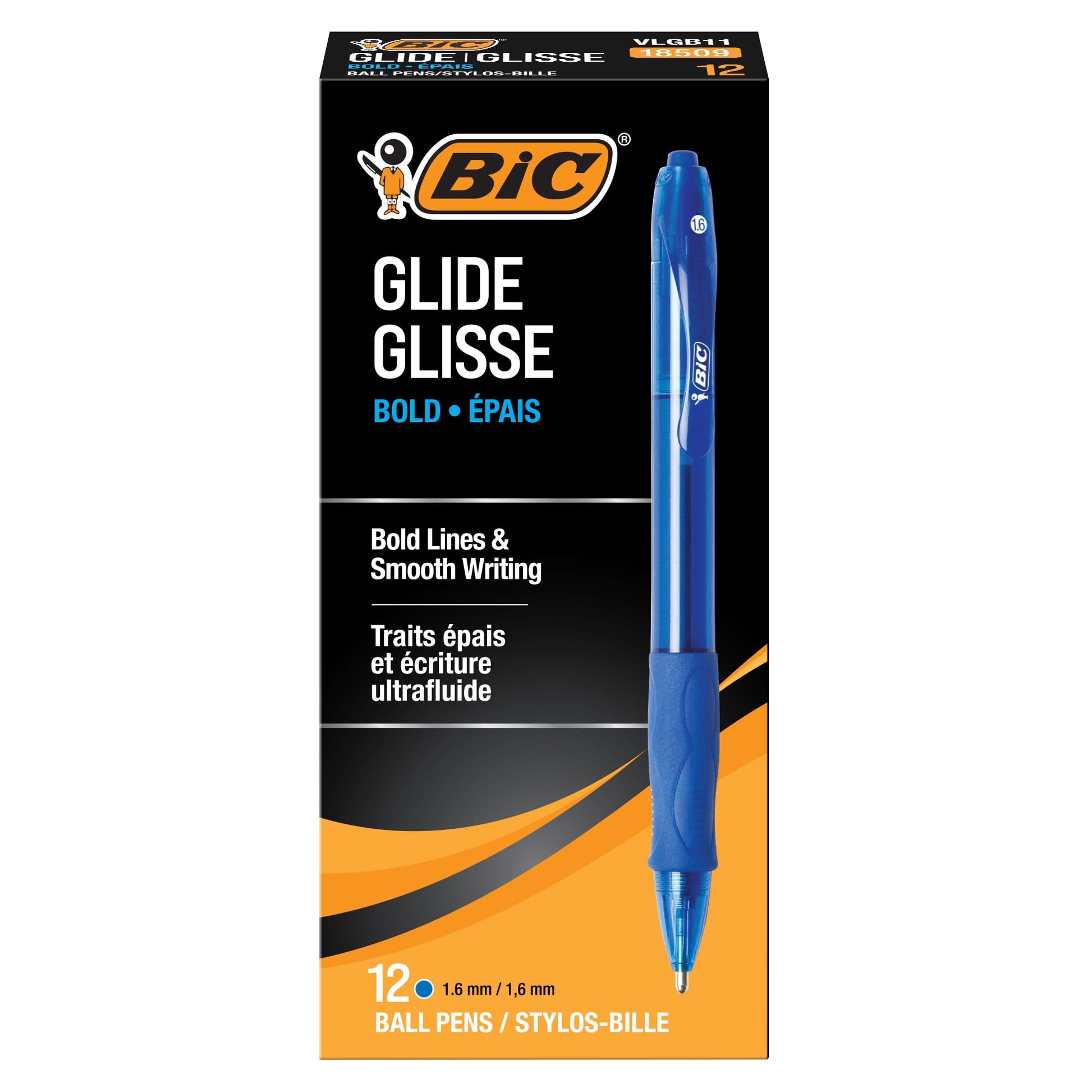 BIC Glide Bold Retractable Ball Pen, Blue, 1.6mm Bold Point, 12 Pack