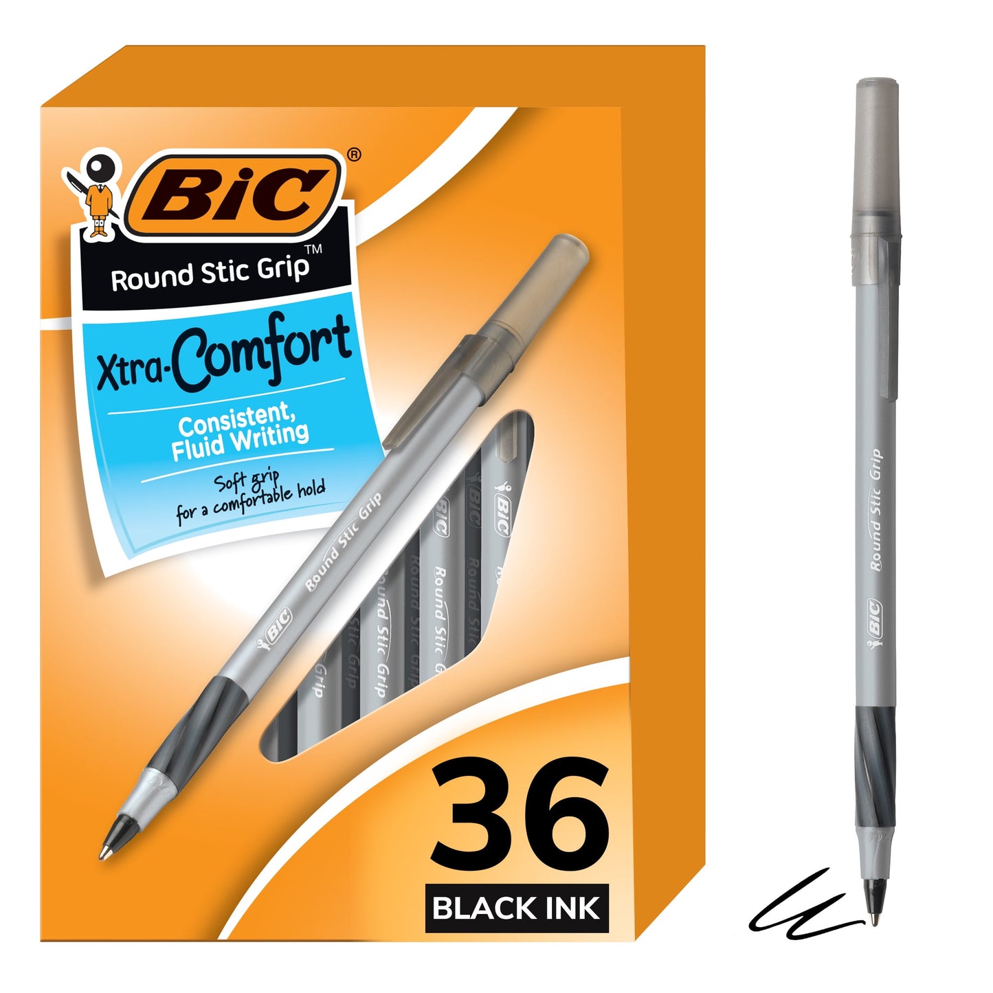 BIC Round Stic Grip Xtra Life Ball Pen, Medium Point (1.2mm), Black, 36-Count