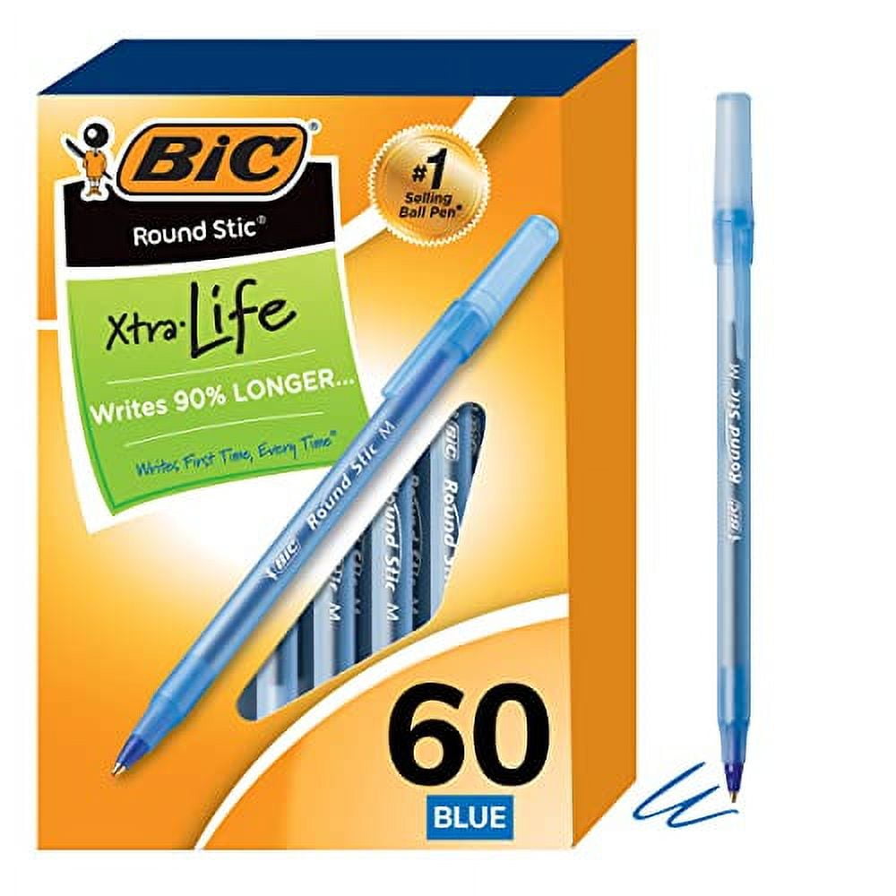 BIC Round Stic Xtra Life Ballpoint Pen, Medium Point (1.0mm), Blue, Flexible Round Barrel For Writing Comfort, 60-Count