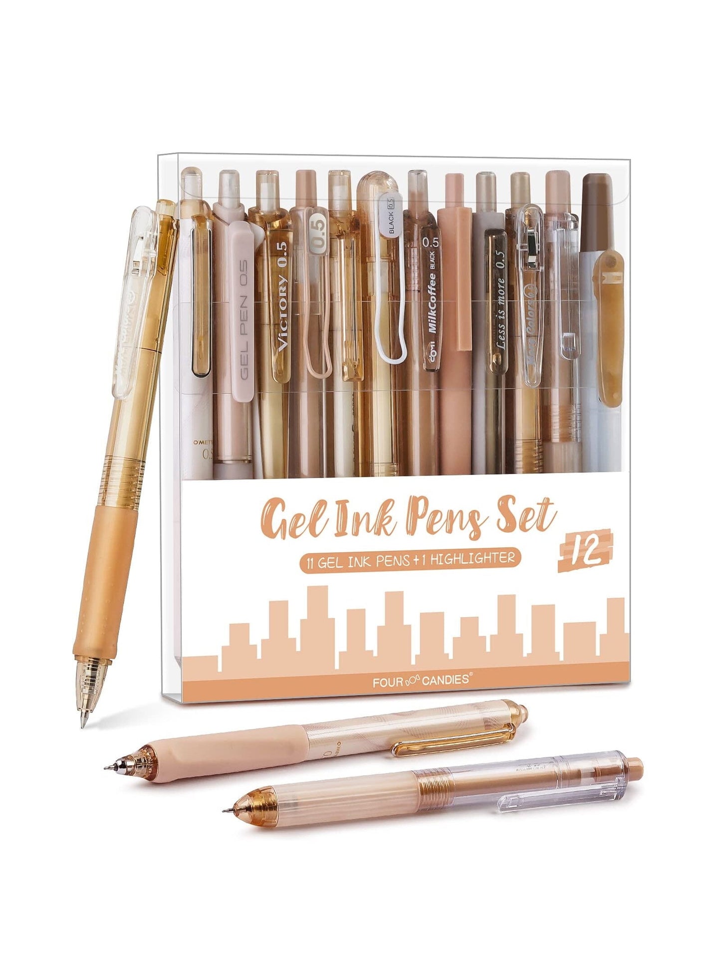 Four Candies Retractable Pink Pen Set, 11Pcs Black Ink Gel Pens(0.5mm), 1Pcs Pink Highlighter, 0.5mm Fine Point for Journaling, Writing and Note-Taking