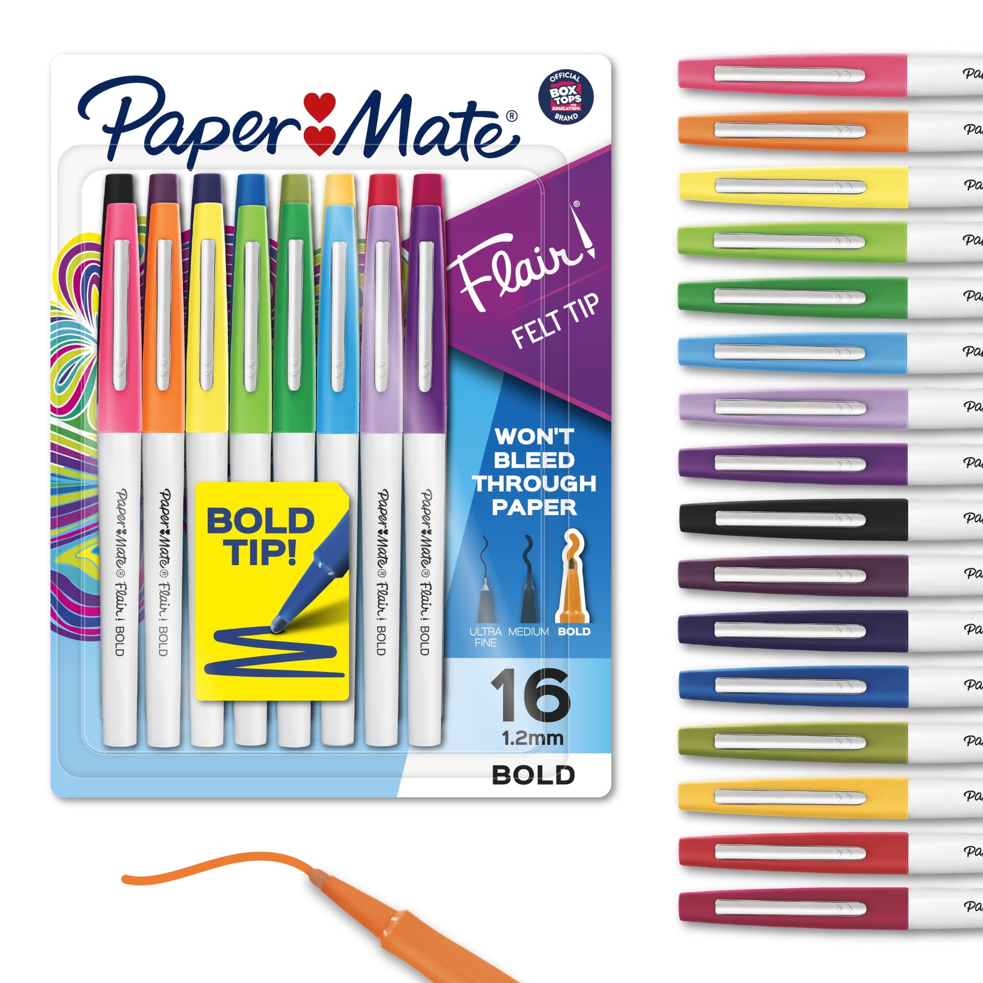 Paper Mate Flair Pens, Felt Tip Pens, Bold Tip (1.2 mm), Assorted Colors, 16 Count