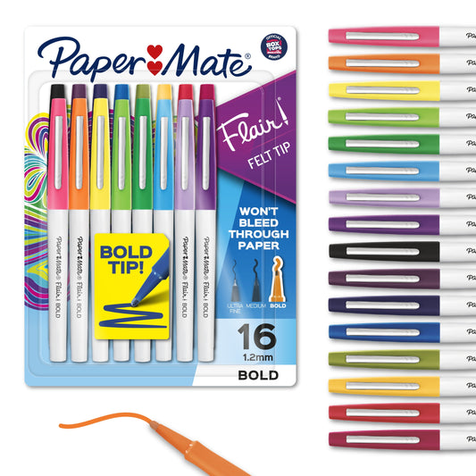 Paper Mate Flair Pens, Felt Tip Pens, Bold Tip (1.2 mm), Assorted Colors, 16 Count