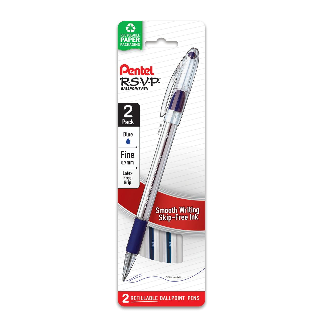 Pentel RSVP Ballpoint Pens, Fine Point, 0.7mm, Blue Ink, Pack of 2