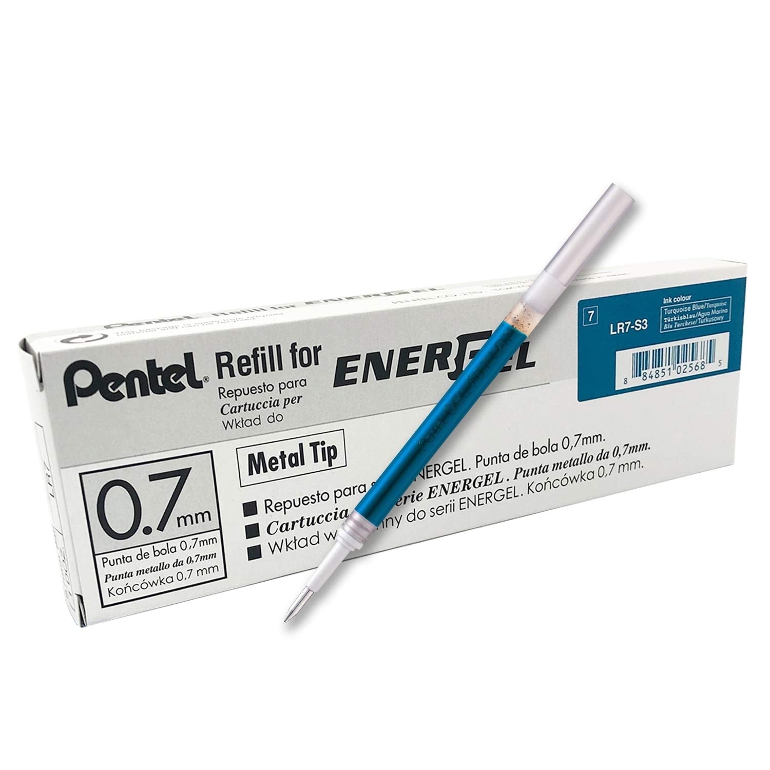 Pentel Refill Ink for EnerGel RTX Retractable Gel Pen, 12 Pack, 0.7mm, Medium Point, Turquoise Blue (LR7-S3)