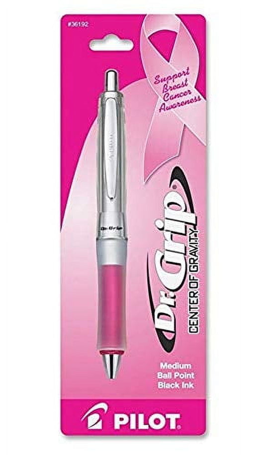 Pilot Dr. Grip Center of Gravity (1) Pink Retractable Breast Cancer Awareness Ball Point Pens, Medium Point, Black Ink, (1) Black Refill Ink (36192)