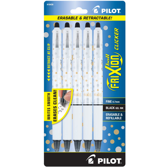 Pilot FriXion Clicker Dots Collection Erasable Gel Pens, Fine, Black Ink, 5 Count