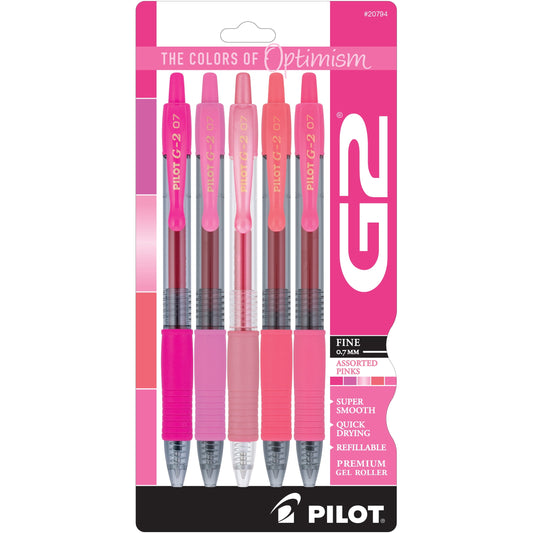Pilot G2 Pink Premium Retractable Gel Pens, Fine Point, 0.7 mm, Assorted Colors, 5 Count