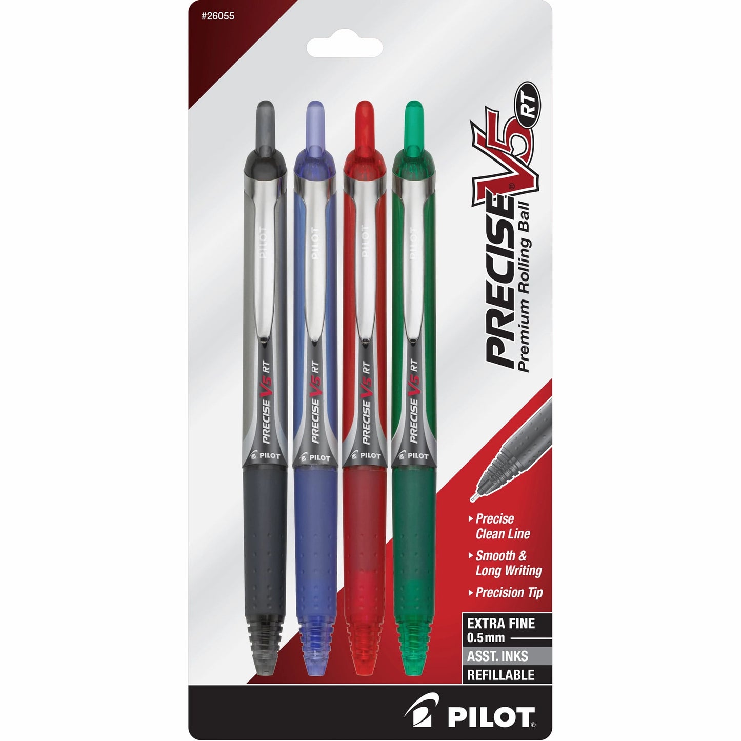 Pilot Precise V5 RT Pens, Extra Fine Point (0.5 mm), Assorted Ink, 4 Count