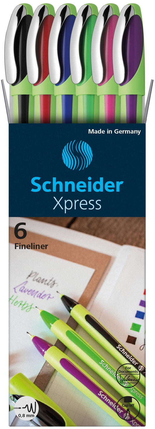 Schneider Xpress Fineliner Pens, Box of 6, 0.8 mm Tip, Precise Writing, Comfortable Grip, Cap-Off Ink Technology, Water-Based Ink, Made in Germany