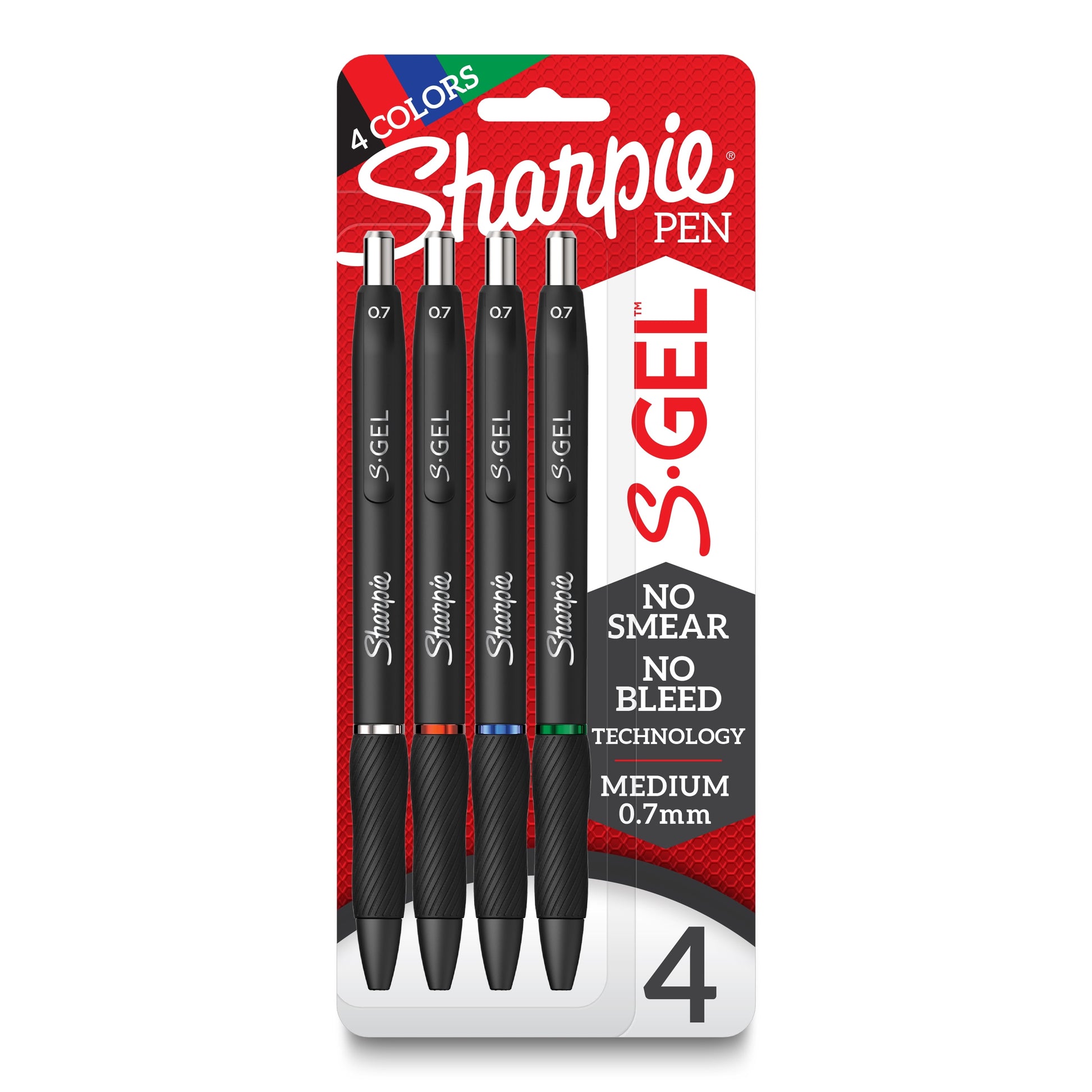 Sharpie® S-Gel Pens, Medium Point (0.7mm), Black Barrel, Assorted Colors, 4 Count