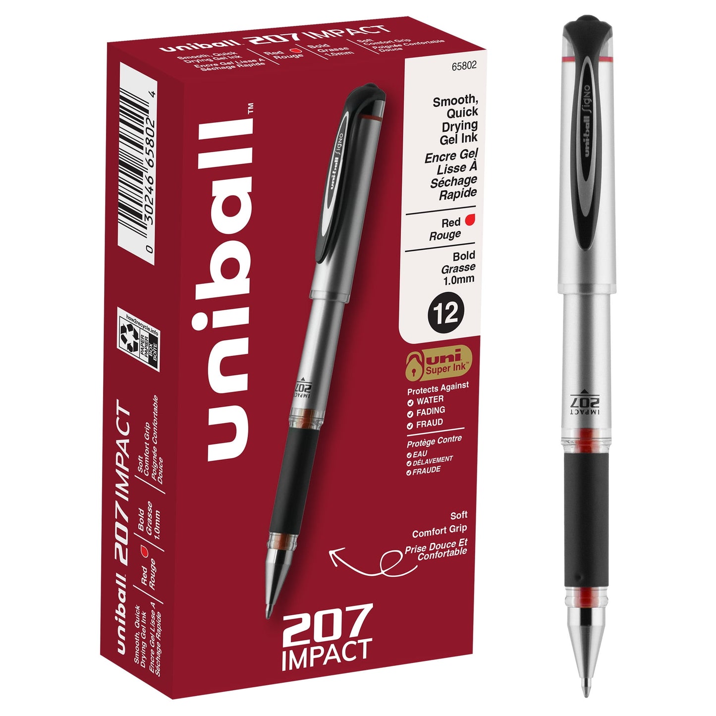 Uniball 207 Impact Gel Pens, Bold Point (1.0mm), Red Ink, 12 Count