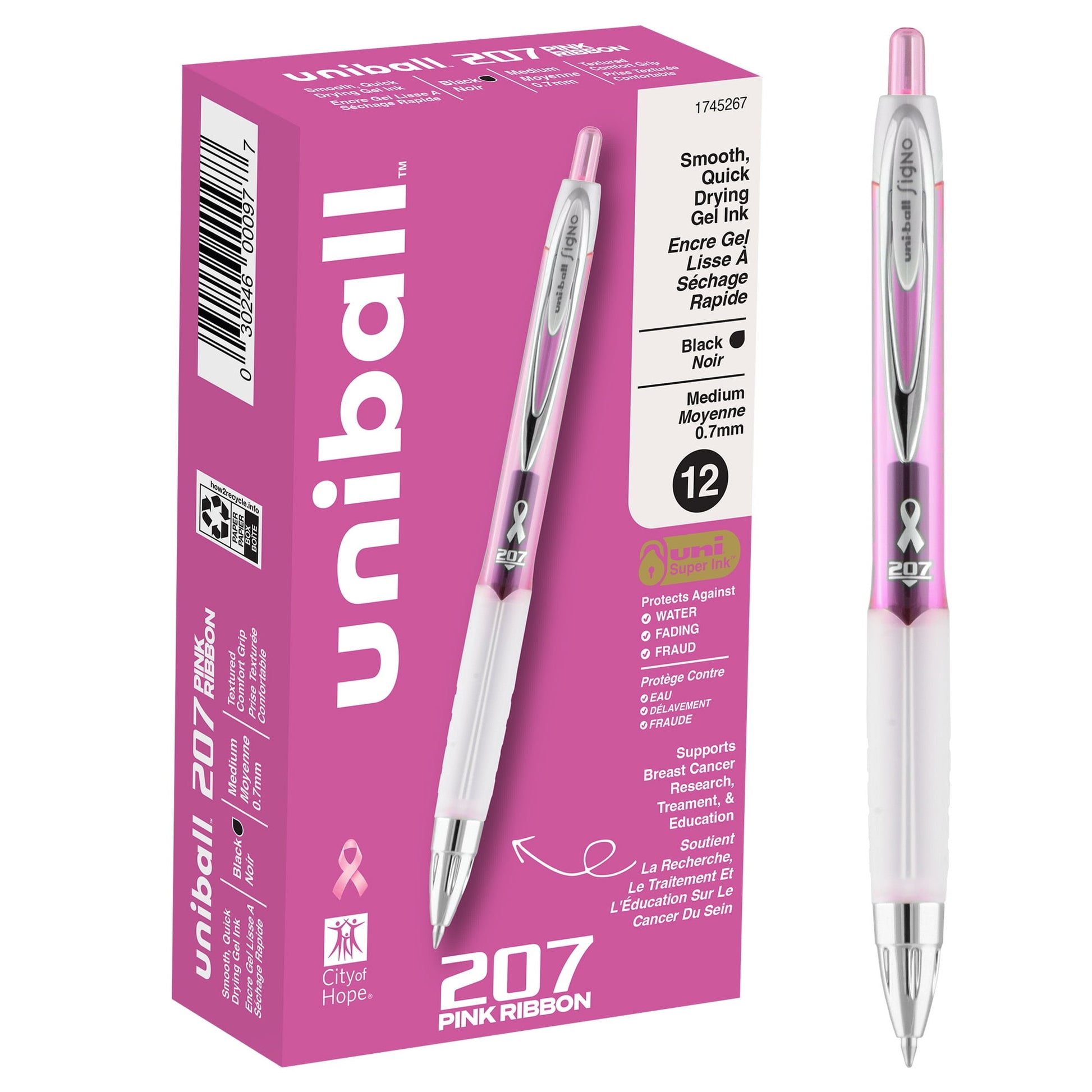Uniball 207 Pink Ribbon Retractable Gel Pens, Medium Point (0.7mm), Black Ink, 12 Count
