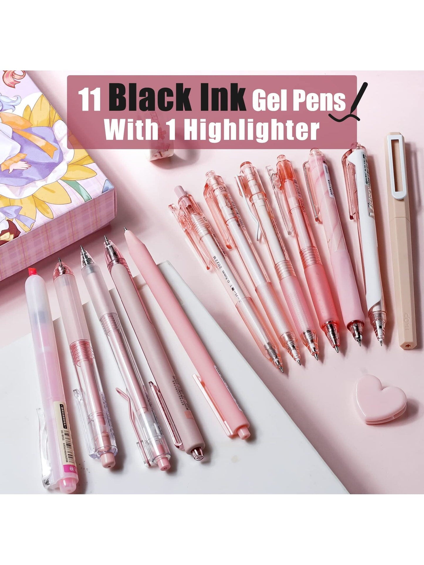 Four Candies Retractable Pink Pen Set, 11Pcs Black Ink Gel Pens(0.5mm), 1Pcs Pink Highlighter, 0.5mm Fine Point for Journaling, Writing and Note-Taking